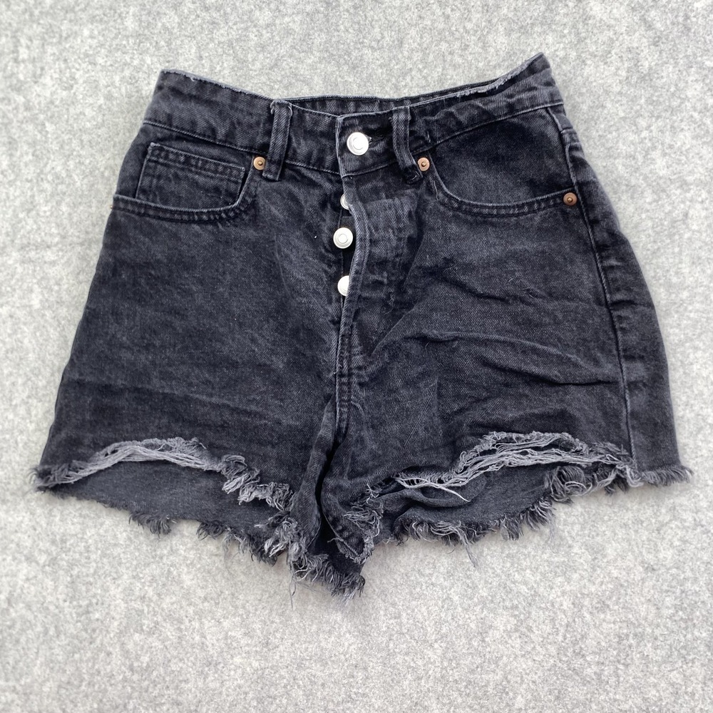 H&M Denim Shorts Womens 2 (24x2) Charcoal Black Cutoff Button Fly Frayed Hem